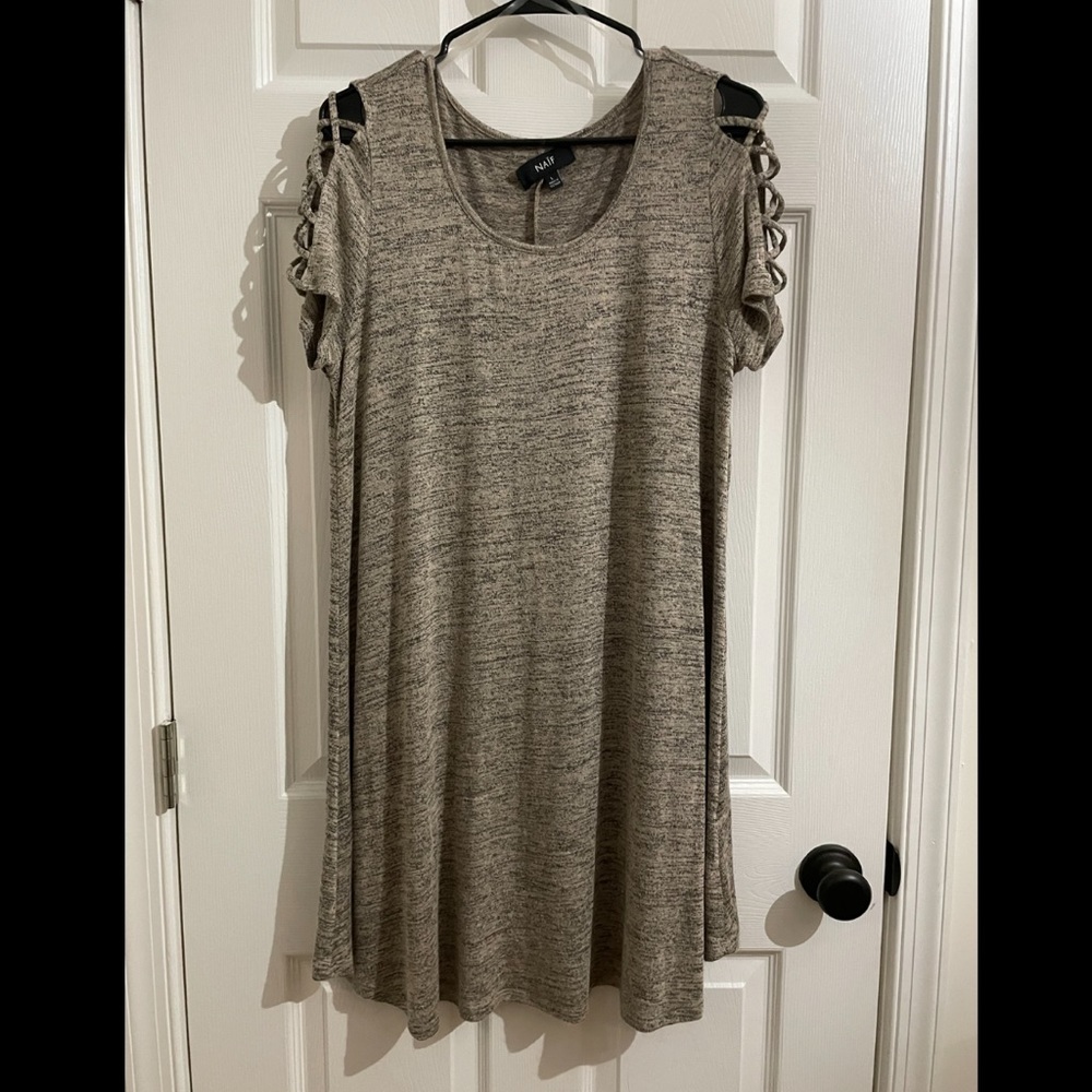 Brown/tan short sleeve knit dress with cut out arm detail